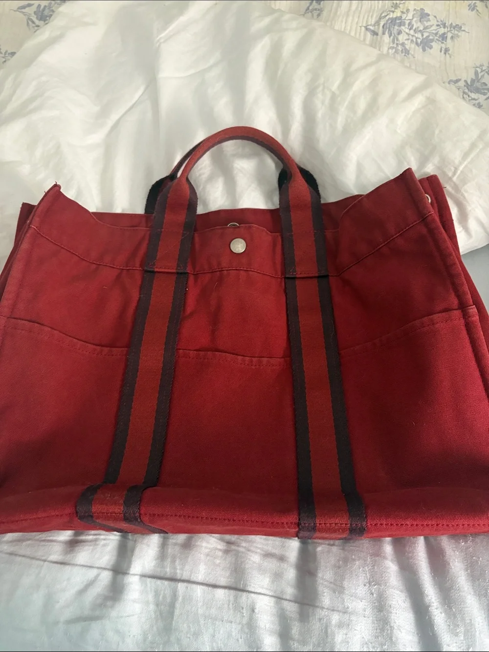Hermes Red Canvas Tote Bag with Black Stripe Handles